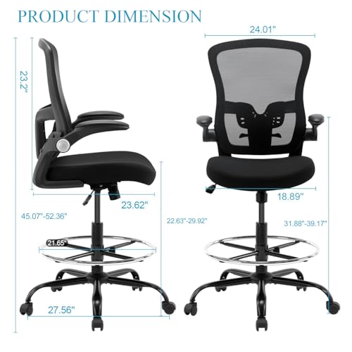 Drafting Chair,Tall Office Chair, Ergonomic Standing Desk Chair with Flip-up Armrests,Mid-Back Counter Height Computer Task Chair with Lumbar Support and Adjustable Footrest Ring,Black