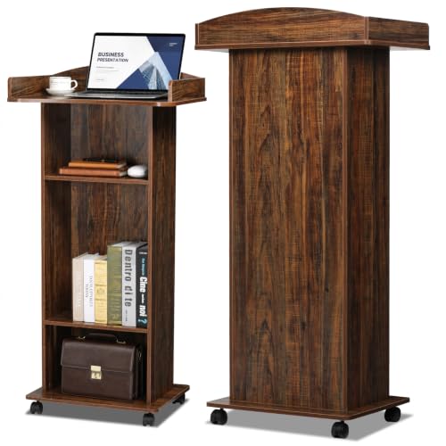 BEQUZON Wooden Podium Lectern Stand with Wheels, 3 Storage Shelves, Black Walnut, for Church Classroom