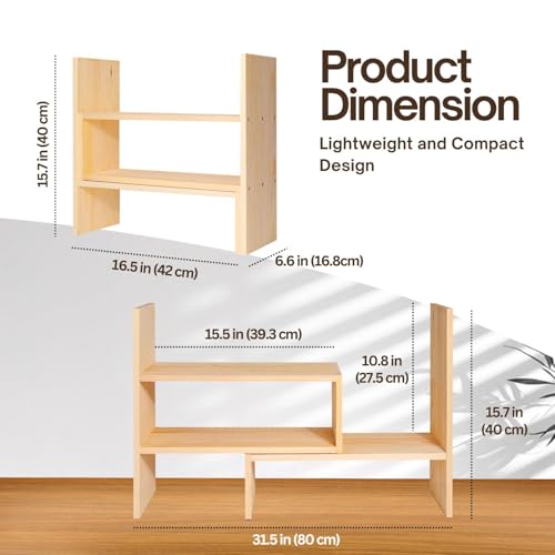 Flexzion Natural Wooden Desktop Shelf Wood Caddy Desk Organizer Set Office Storage Adjustable Expandable Tabletop Accessory Sorter Bookcase Display Stand Rack (Beige)
