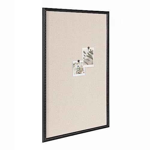 Kate and Laurel Makenna Framed Linen Fabric Pinboard; 24 x 36; Black; Traditional Beaded Bulletin Board for Vintage Home Wall Organization or Aspirational Vision Board