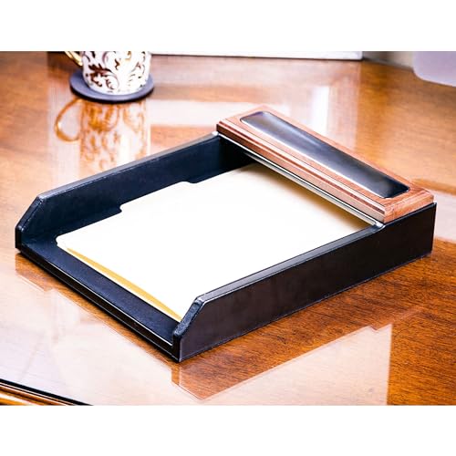 Dacasso Walnut & Black Leather Luxury Letter Tray - Letter Holder & Paper Organization - Executive Desk Surface Protector & Essential Office Decor