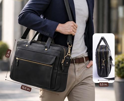 Black Leather Messenger Bag for Men, Genuine Leather Briefcase Fits 15 Inch Work Satchel for Office, Business, and Travel Use