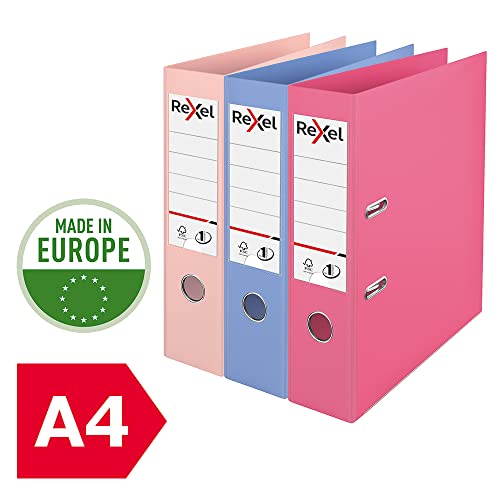 Rexel Pastel Plastic A4 Lever Arch Files, 3-Pack (Pink, Blue, Peach), Patented No.1 Power Mechanism, FSC Certified, Replaceable Spine Labels, Ring Binder, Archiving & Home Office File Organizer