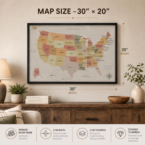LEVONTO USA Map Pin Board Large 30"x20" Framed Colored Cork Travel Map with 200 Push Pins, US Map Cork Board Wall Decor, Push Pin USA Map Travel Gift for Tracking Places Traveled & Family Adventures