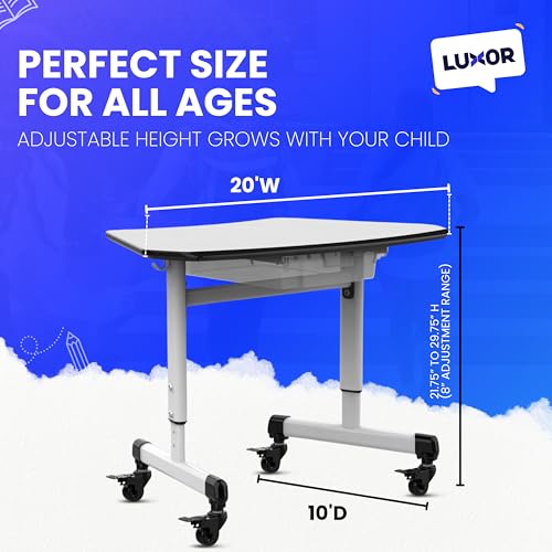 Luxor MBS-Desk Trapezoid Student Desk with Drawer, Height-Adjustable, Include Dual Backpack Hooks and a Removable MBS Bin