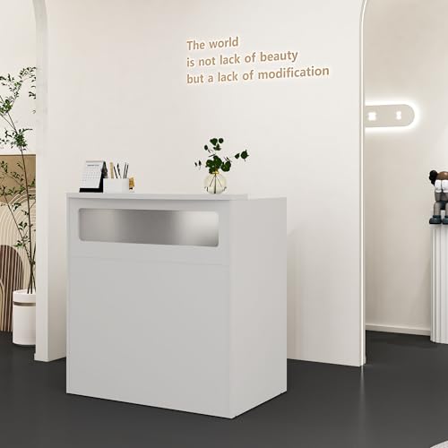 White Reception Desk with Counter, Modern Front Desk Reception Room Table for Small Space, Retail Counter for Checkout, Lobby, Salon, Dental Clinic