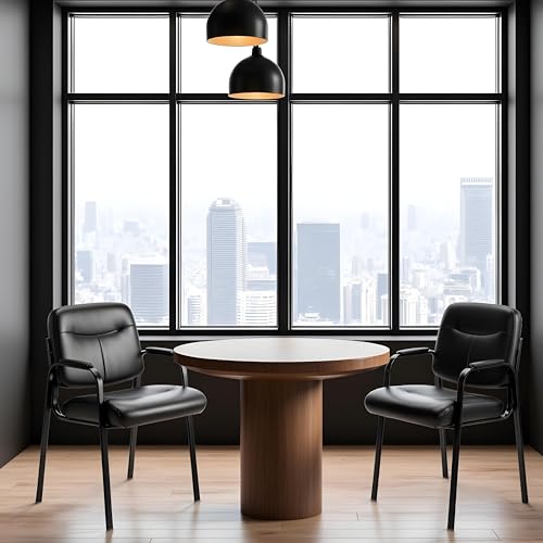 Simple Deluxe 2pcs Office Reception Guest Chair with Leather Padded Arm Rest, Comfort Waiting Seat Suitable for Lobby & Home Desk Side, Ergonomic Lounge Chair Designed for Seniors, Black