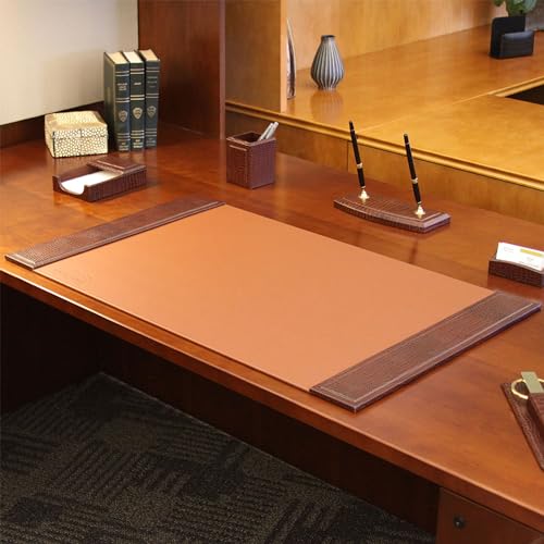 Dacasso 34” x 20” Brown Crocodile Embossed Luxury Leather Desk Pad w/Side Rails - Executive Desk Surface Protector - Blotter for Writing
