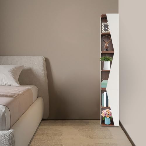 Corner Bookshelf 6-Tier Wall Storage Rack Neutral and Walnut Modern Design