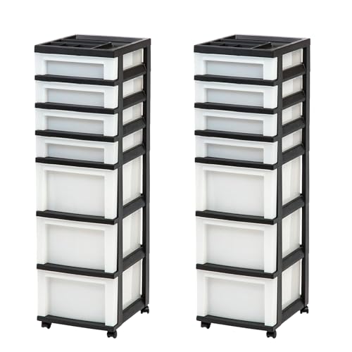 IRIS USA 2 Pack 7-Drawer Plastic Storage Rolling Organizer Cart with Caster Wheels for Laundry Room, Bathroom, or Closet Dresser Storage, Black/Clear