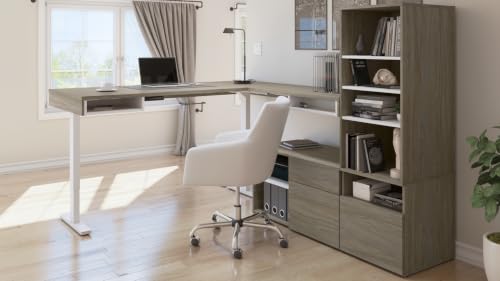 Bestar L-Shaped Standing Desk with Credenza, Walnut Grey, Viva, 72W