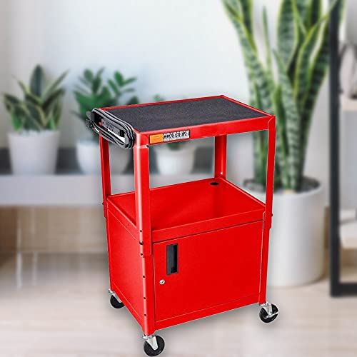 LUXOR AVJ42C-RD Steel AV Cart with Adjustable Height and Storage Cabinet, Multipurpose Utility Cart, 24" to 42" Height, 3 Outlet Electrical Assembly, Red