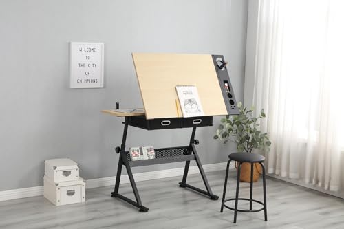 LALFPET Adjustable Height Drafting Table – 0-75° Tilting Oak Tabletop, 2 Storage Drawers, Stool – Multipurpose Artist Desk for Drawing, Painting, Crafting, Writing – Natural Wood Color