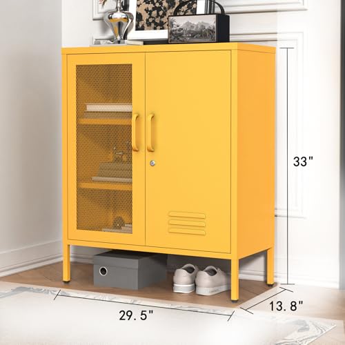 Yellow Lockable Mesh & Metal Door Storage Cabinet, 3-Tier Heavy Duty Steel Locker with 2 Adjustable Shelves, Accent Cabinet for Living Room, Home Office, 33" H x 29.5" W x 13.8" D