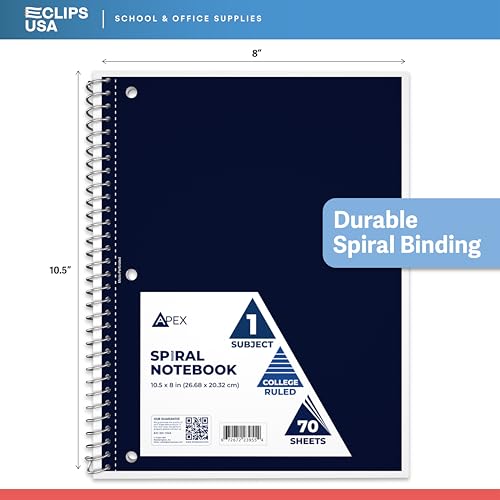 VEEBOOST College Ruled Spiral Notebooks Bulk Spiral Bound Notebooks for Work 1 Subject Notebook 6 Color Assortment 3 Hole Perforated 70 Sheets 140 pages 10.5" x 8" (48 pack)