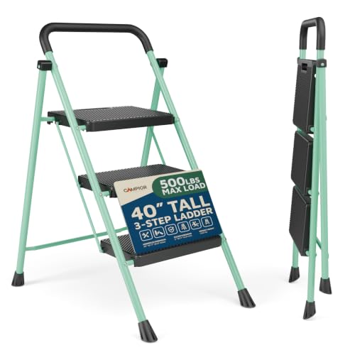 Green 3 Step Stool Foldable – Heavy-Duty Foldable Step Stool for Adults, 500 lbs Capacity, Anti-Slip Feet & Wide Steps, Sturdy Steel Frame, Lightweight & Space-Saving Design for Home, Kitchen & Garage