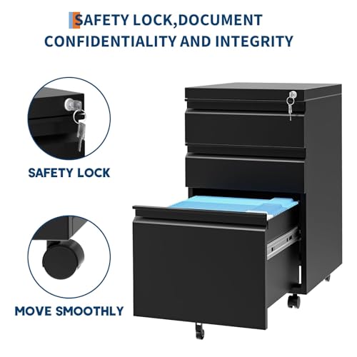3-Drawer Mobile File Cabinet with Lock, Under Desk Lateral Filing Cabinet for Legal/Letter/A4, Adjustable Shelf, Easy Assembly, Office or Home Storage, Dark Black