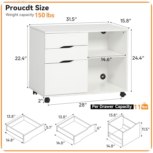 FDW 3 Drawer Lateral File Cabinet Mobile File Cabinet with Open Storage Shelves Office Printer Stand & Under-Desk Organizer with Wheels for Home Office,White