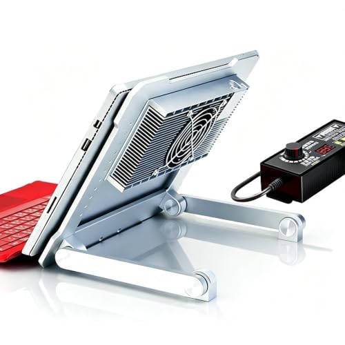DOJBK Laptop Stand with Cooler, Foldable Laptop Holder, Aluminium Alloy Tablet Holder for Desk, Wind Speed and Angle Adjustable, for 12.9-15.6in Tablets and Metal-Back Laptops
