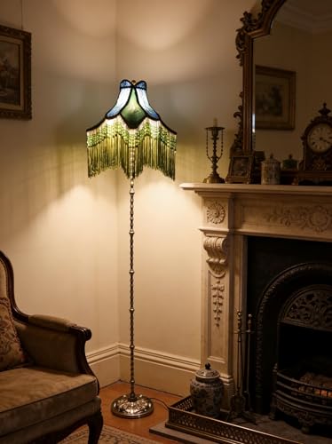 Sofyee Victorian Floor Lamp with Beaded Fringe, Green Fabric Shade, Brass Base, Ornate Vintage Style