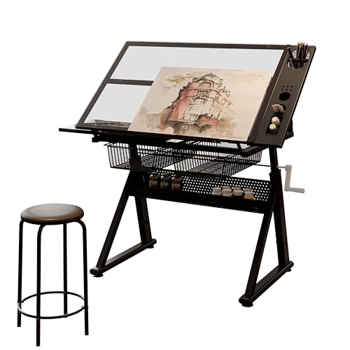 ZAVEROX Black Hand Crank Adjustable Tempered Glass Drafting Table with Chair and Storage, Metal-Glass Construction, Perfect for Study Bedroom Living Room