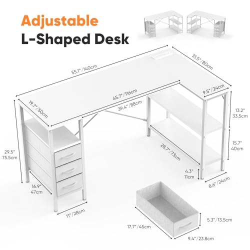 OLIXIS 55" L Shaped Gaming Computer Desk with Drawers and Power Outlet