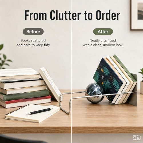 Gravity Ball Bookend, Stainless Steel Desktop Magazine Rack & Book Organizer, 18.9" Slanted Display Stand, Modern Decorative Book Holder for Office, Home, Entryway & Stainless Blue Ball