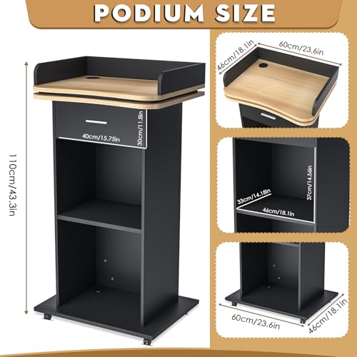 43" Wood Podium Stand with Wheels, Portable Lectern with 3 Levels of Storage, Floor Standing Customer Reception Podiums Mic Stand Desk for Churches, Office, School,Conference, Auditorium, Seminar