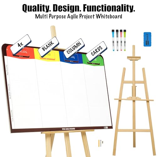 PMXBOARD Magnetic Kanban & Scrum Board – Lightweight Agile Whiteboard with Customizable Headlines | Project Planning Board for Home, Office & School | Includes Easel, Markers, Eraser & Wall Mount Kit