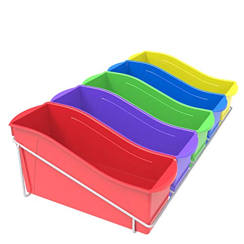 Storex Book Bins with Metal Shelf Rack, 14.3 x 25.69 x 7.25, 5 Assorted Color Bins, White Epoxy Metal Rack