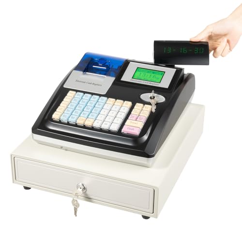 Electronic Cash Register for Small Business 48 Keys, Steel Cash Drawer with 4 Bill & 5 Coin Compartments, POS System Cash Register with Thermal Printer & USB/RS232 Interfaces, LCD Customer Display