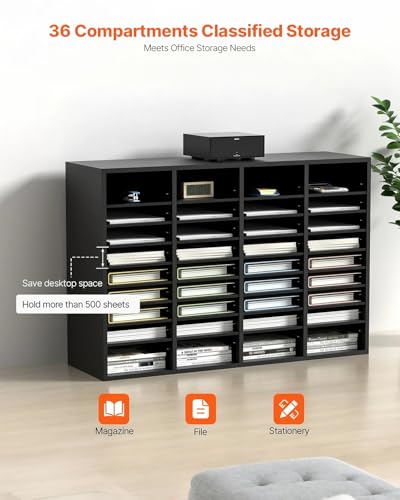 VEVOR Wood Literature Organizer, 36 Compartments, Mailboxes Slot with Removable Shelves, File Sorter for Office, Home, Classroom, or Mailrooms Organization, Black