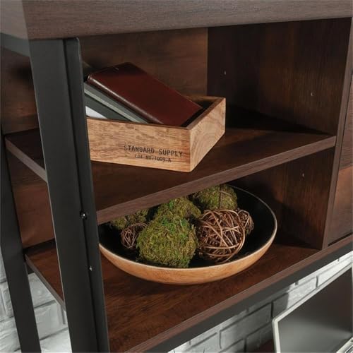 Pemberly Row Contemporary Hutch, 60 in Wide, Engineered Wood and Metal, Barrel Oak Finish, Attaches to Computer Desk, Barrister Door, 2 Adjustable Shelves, Office Storage Organizer