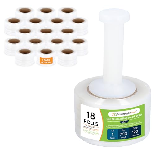 PSBM Mini Stretch Film/Wrap with Plastic Handle 3" x 700' 120 GA 18 Rolls