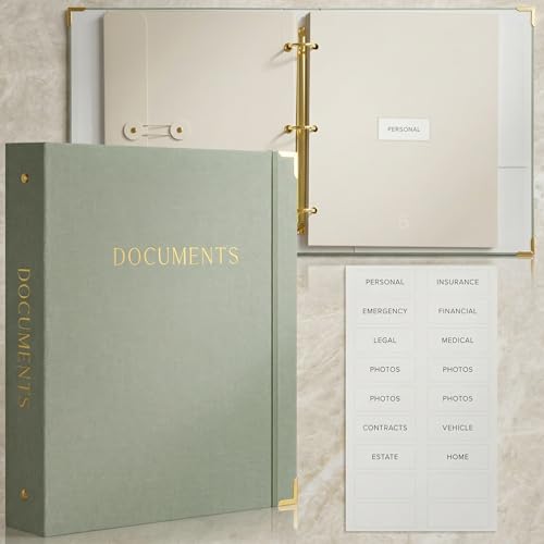 Important Document Organizer Set with Folders - Complete Linen Ring Binder