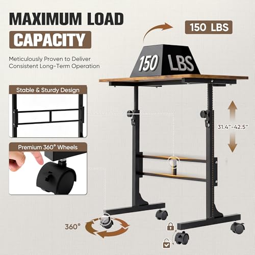 Furmax 31.4" Small Portable Standing Desk Height Adjustable with Lockable Wheels, Mobile Stand Laptop Computer Workstation for Walking Pad Treadmil (Rustic)