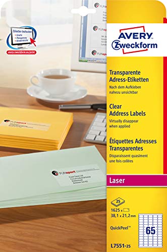 AVERY Zweckform L4770-25 Address Labels Printable Self-Adhesive for C6 Envelopes + Deutsche Post Internet Mark 1000 Labels Transparent 25 Sheets Format 38 x 21,1 mm Transparent