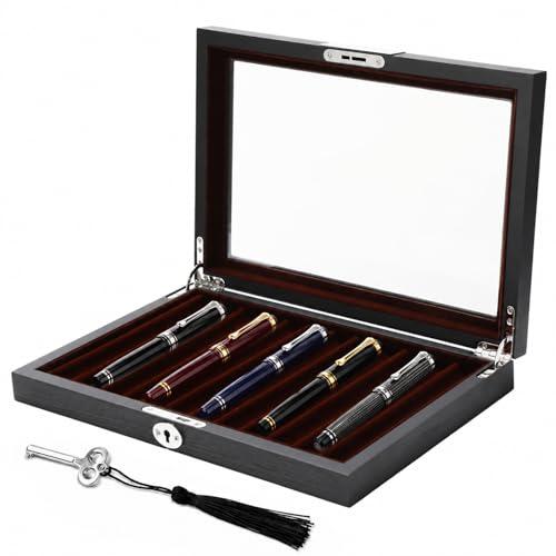 FELISTORY 12-Slot Wooden Fountain Pen Case, Elegant Velvet Lined Pen Display Case with Secure Lock & Clear Lid, 12.6 x 8.7 x 1.8 in for Fountain Pens, Executive Pens, Black