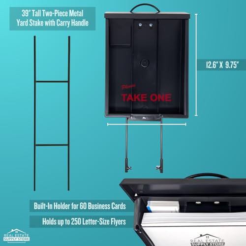 Outdoor Real Estate Brochure Box with Portable Two-Piece Metal Yard Stand Holds 250 Flyers, 60 Business Cards Easy-Install Marketing Display (2 Pack - Black)