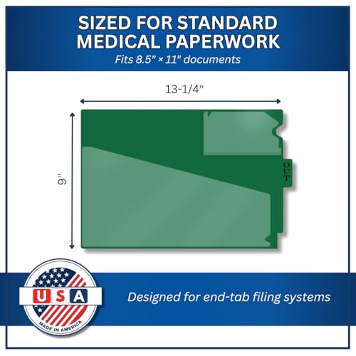 Doctor Stuff - Center Tab Vinyl Out Guides, Diagonal Cut Front Pocket, Top Charge Out Slip Pocket, Plastic File Folder, Letter Size 9" x 13-1/4", Green, 100/Box
