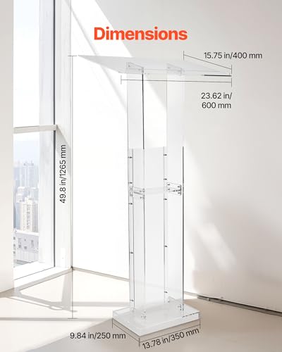 VEVOR Acrylic Podium, 47" Acrylic Podium Stand with Wide Reading Surface & Storage Shelf, Floor-Standing Clear Pulpits Acrylic for Church Office School, Black