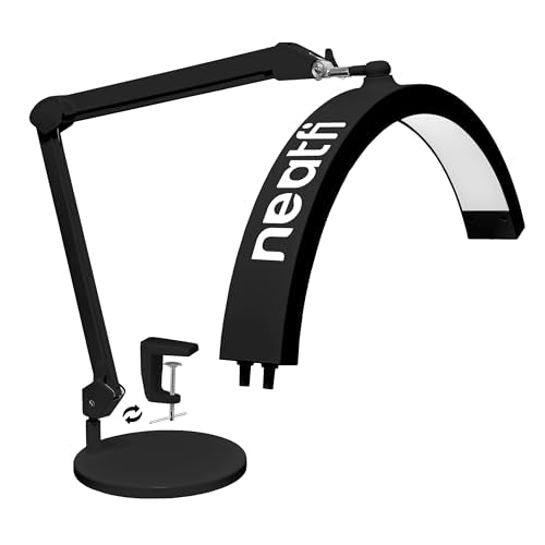 Neatfi Half Moon LED Table Lamp for Estheticians – 2,500 Lumens | CCT Dimming, 5 Light Modes | Professional Task Lamp for Nail Art, Facials, Threading & Tattoos (Black, CCT with Base and Clamp)
