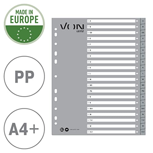 VON Leitz 12290085 Alphabet Index A-Z, A4 for Folders, PP Cardboard, Extra Wide, 11-Hole Universal Index for Loose Folders & Ring Binders, Alphabetic Dividers, Grey, Pack of 10