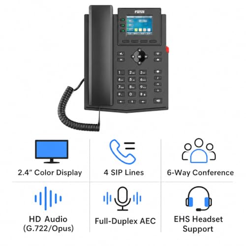 Fanvil X303-2 Wire IP Phone, 4 SIP Lines, 2.4-Inch Color Screen, HD Audio, EHS Headset Support, Reuse Existing Wiring