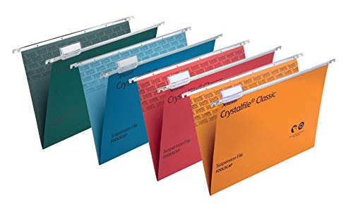 Rexel Foolscap Suspension Files with Tabs and Inserts for Filing Cabinets, 15 mm V Base, 100 Percent Recycled Manilla, Blue, Crystalfile Classic, Pack of 50, 78143