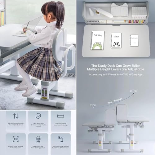 AMUYTCP Height Adjustable Functional Ergonomic School Study Table with Tilt Desktop, Desk and Chair Set, Workstation Writing Desk with Storage Drawers, LED Light, Bookstand, Metal Hook(Color:Grey)