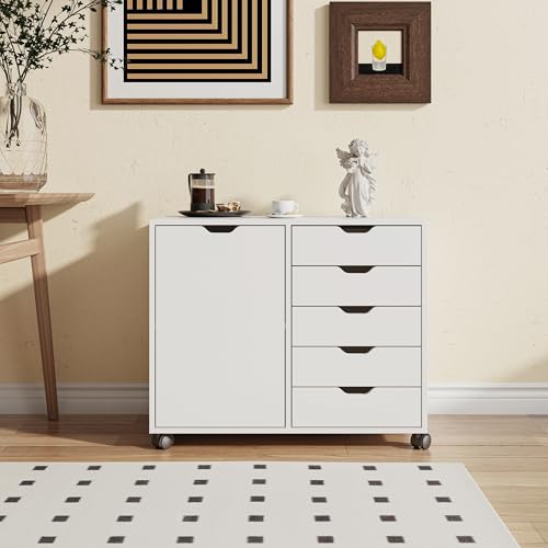 Relaxdays mobile roll cabinet, 5 drawers & 2 shelves, HWD: 65x78x40 cm, office storage, filing cabinet on wheels, white