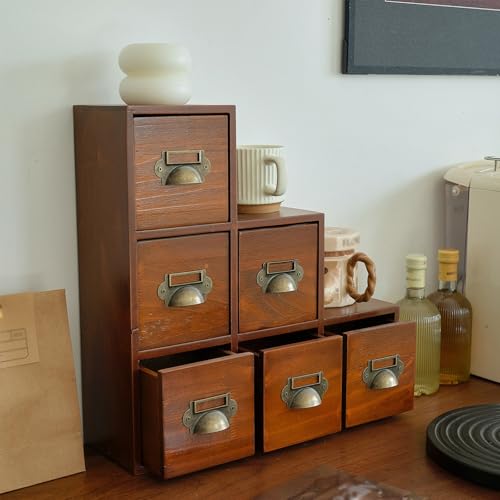 Wooden Storage Box, Vintage Apothecary Drawers Desktop Organizer, Stepped Design, Wooden Library Card Catalog Cabinet for Tea Crafts Cosmetics Office Supplies