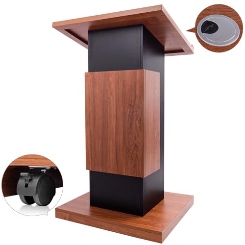 Vakiorn 47" Portable Wooden Podium, Wood Speaking Lectern Stand, Reserved Wire Hole, Lockable Wheels, Design with Storage, Standing Pulpit for Church Office School Home Conference Restaurant Meeting