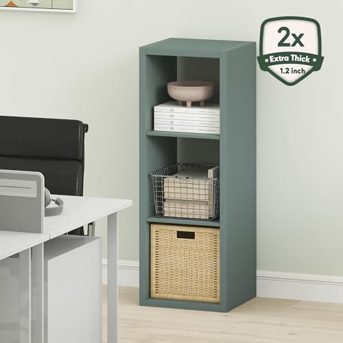 Furinno Cubicle Book Shelf, 3-Cube Bookshelf, Extra Thick Frame Horizontally & Vertically Reversible Bookcase with Open Back, 14.6" x 16" x 44", for Living Room, Bedroom, Home Office, Sage Green